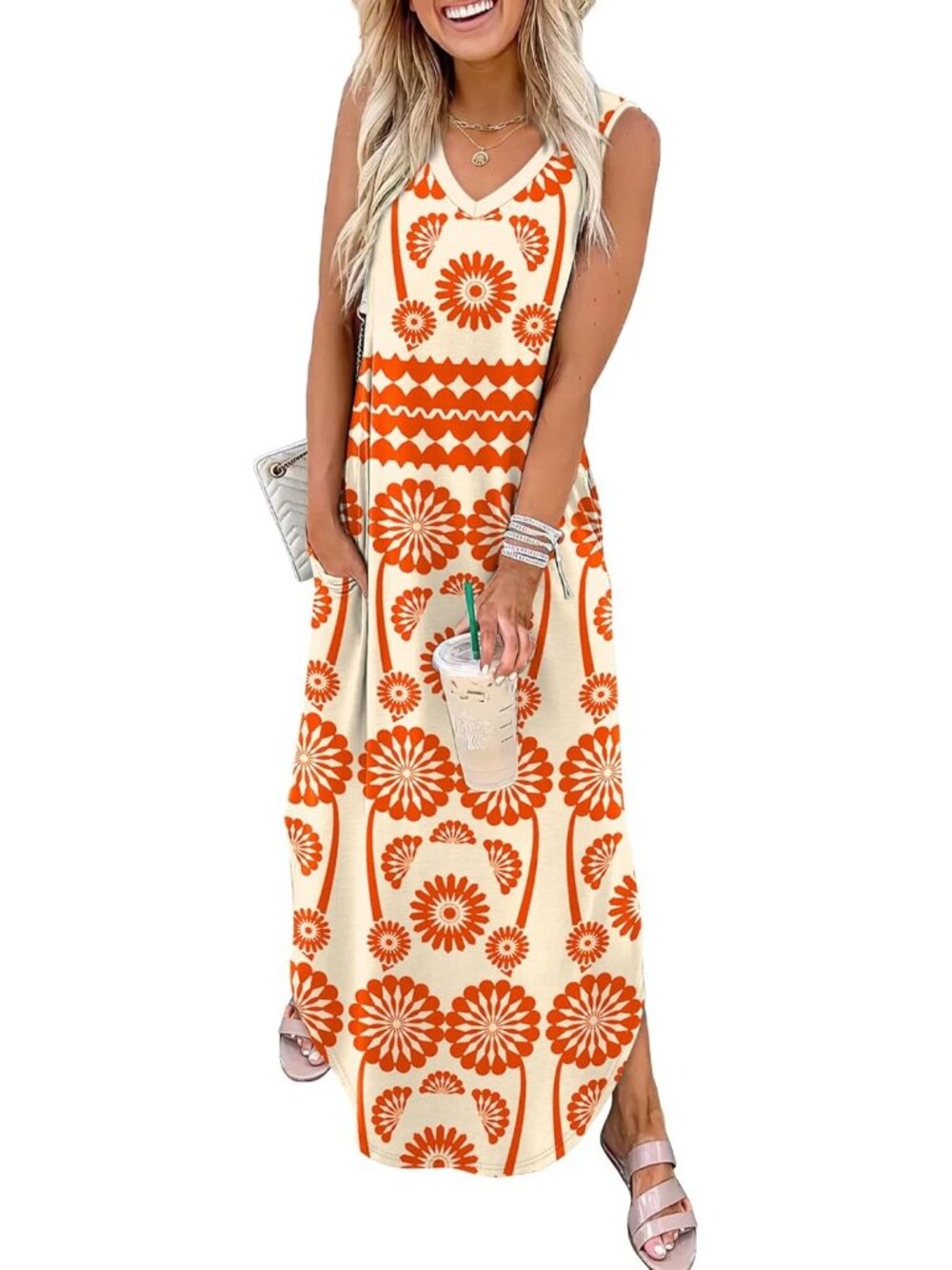 Women's Floral Orange Summer Maxi Dress Beach Sundress with Pocket